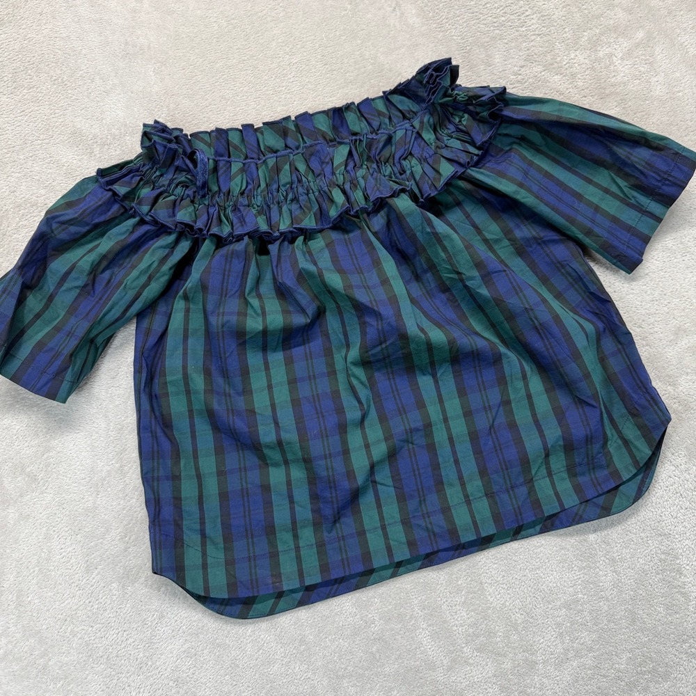 Vineyard Vines Shirt Womens XXS Blackwatch Off Shoulder Poplin Blue Plaid Ruffle